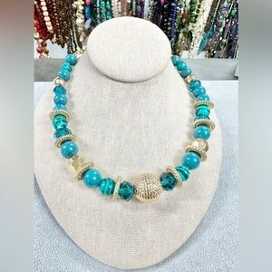 Jules B Teal Acrylic And Gold Tone Beaded Necklace